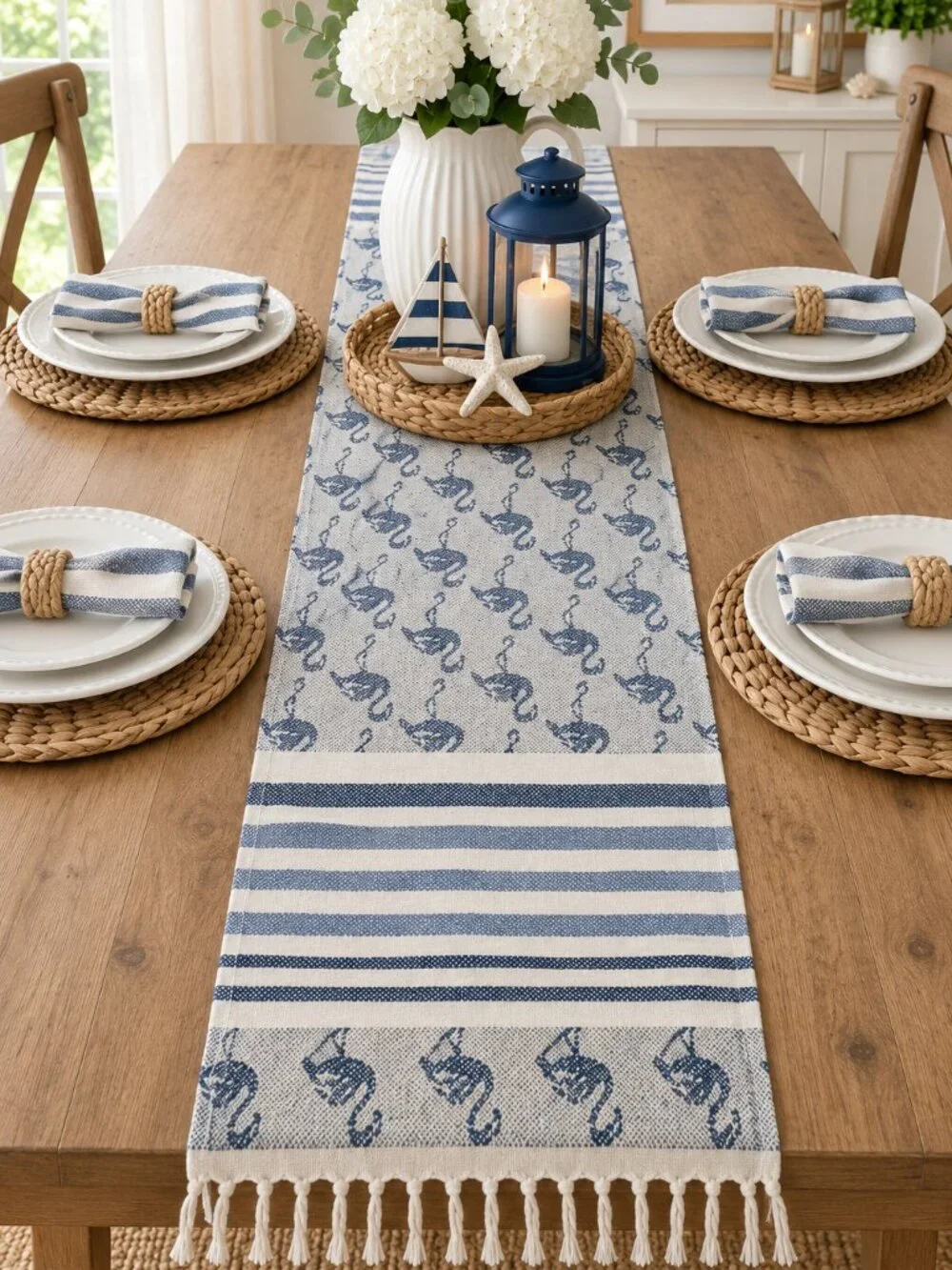 THD Textiles Blue Cream Nautical Cotton Table Runner Coastal Decor NWOT